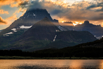 Stunning Sunset on the Mountains of Glacier above Swiftcurrent Lake, Many Glacier, Glacier National Park, Montana