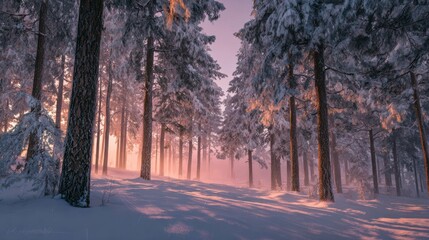 Frosty Sunrise in Snowy Winter Forest