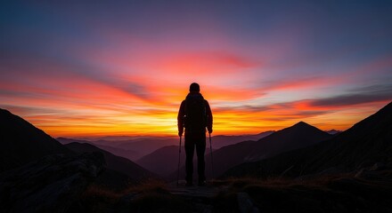 A lone figure stands silhouetted on a mountain peak, gazing at a breathtaking sunset with dramatic orange and red sky rays over a vast mountain range.