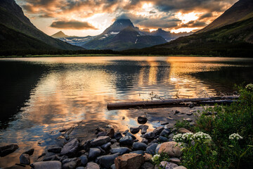 Sunset Reflections of Mountains of Glacier above Swiftcurrent Lake, Many Glacier, Glacier National Park, Montana