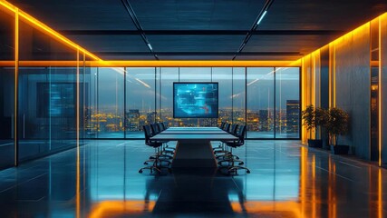 Modern boardroom in a skyscraper with panoramic night skyline, glass walls, long table and large digital screen showing data and graphs bathed in blue and orange lighting