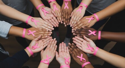 Powerful diverse women's hands united in a circle, wearing pink ribbons to symbolize breast cancer awareness and community support