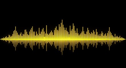 Vibrant golden sound wave equalizer graphic with a mirror reflection on a black background representing audio visualization and digital music technology