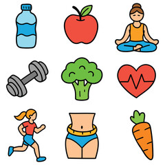 Hand-drawn cartoon healthy lifestyle icon set isolated on white background. Water bottle, apple, yoga, dumbbell, broccoli, heartbeat, running, thin, carrot. Vector illustration.