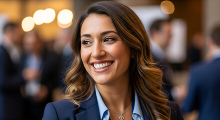 Portrait of a radiant and successful businesswoman with a warm smile at a professional networking conference. Female leader feeling confident and inspired.