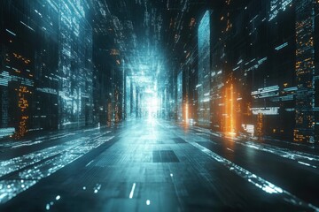 Futuristic corridor with glowing lights and digital patterns in a city landscape at night