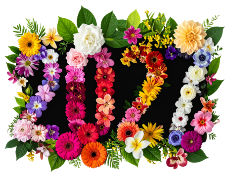 2027 numbers formed by colorful flowers and green leaves on black isolated on white t 
