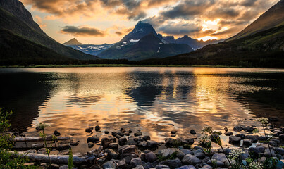 Sunset Lake Shore Reflections of Mountains above Swiftcurrent Lake, Many Glacier, Glacier National Park, Montana