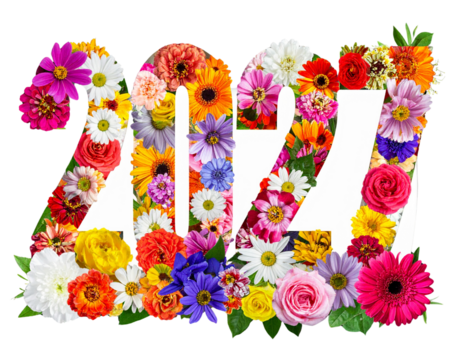 2027 numbers formed by colorful flowers and green leaves on black isolated on white t