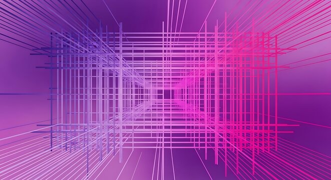 Abstract digital grid structure in neon purple and pink gradient background