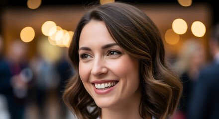 Successful Businesswoman with a Radiant Smile at a Festive Corporate Gala Event.