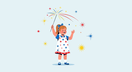 Cute girl celebrating with fireworks vector illustration, perfect for celebrations