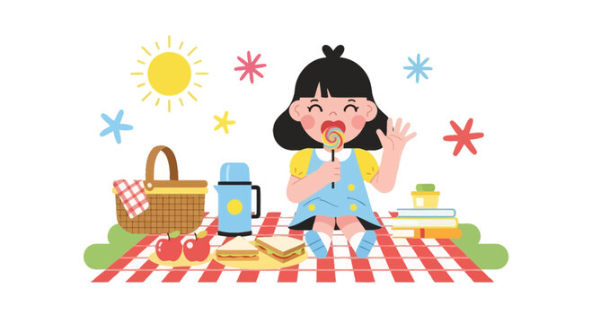 Cute cartoon girl enjoying a picnic with food, drinks, and a sweet lollipop in the sun