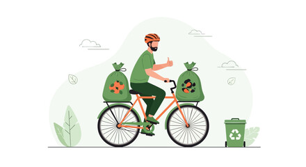 Naklejka premium Cyclist Delivering Waste, Eco-Friendly Disposal, Green Living, Sustainability Concept