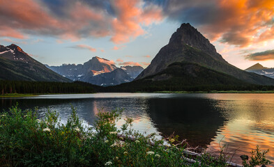 Sunset Reflections of the Mountains of Glacier above Swiftcurrent Lake, Many Glacier, Glacier National Park, Montana