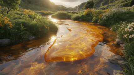 Golden river flowing through a lush green valley at sunrise