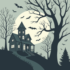 Haunted house silhouette with witch bats and howling wolf halloween halloween home silhouette black vector