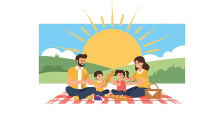 Family Picnic Scene With Bread and Sun, Creating a Cheerful Atmosphere Outdoors