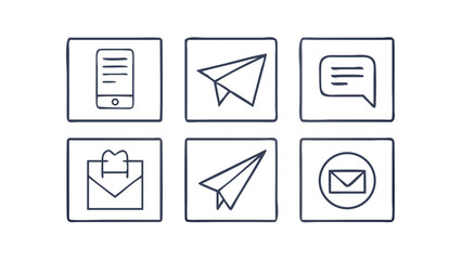 Six square icons depicting communication methods such as email, messages, and sending a paper airplane