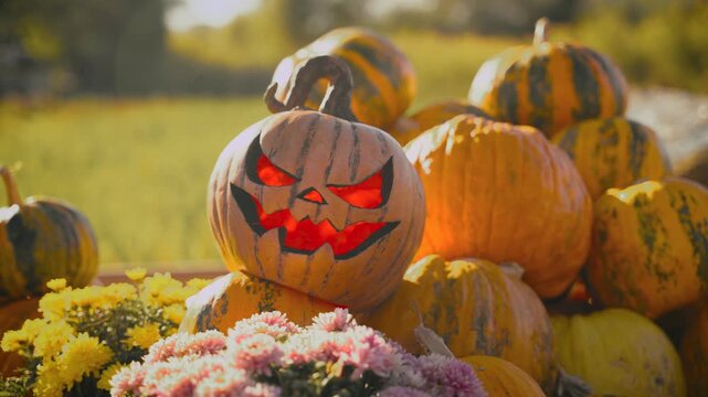 close-up orange carved pumpkin evil Jack o Lantern lies among many huge ripe yellow pumpkins. halloween decor holiday concept harvest pumpkins Thanksgiving Day. Mystery creepy multicolored flowers 4k
