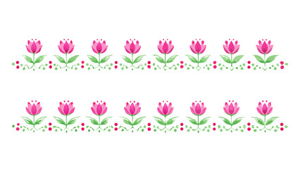 Watercolor floral border with pink tulip flowers and green leaves in a repeating pattern design element