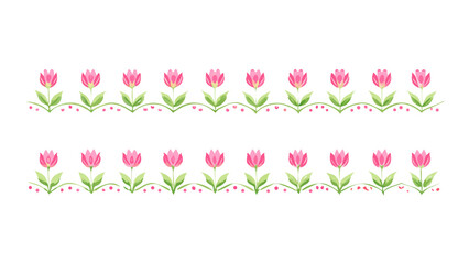 Floral pattern with pink tulips and green leaves arranged in a horizontal border design element