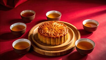 Elegant mooncake presentation with tea cups on a red backdrop for mid autumn festival