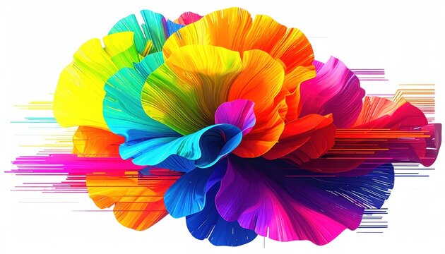 Abstract rainbow flower with pixel sorting effect on a white background display