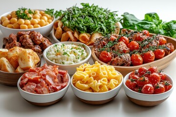 Delicious spread of assorted dishes featuring pasta, meatballs, and fresh vegetables on a table