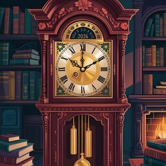 Antique grandfather clock showing 2026 on its face, set in a cozy library with a fireplace and bookshelves