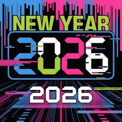 Happy new year 2026 futuristic digital glitch text with glowing neon lines and circuit board pattern background