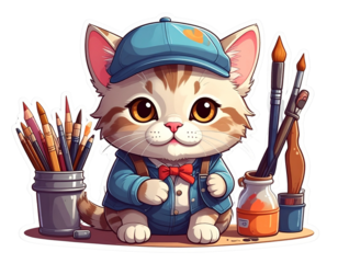 Adorable Artist Cat Transparent Background Sticker Design