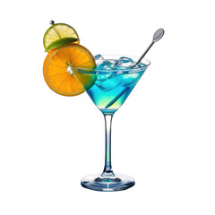 Refreshing blue cocktail garnished with orange slice and lime wedge in martini glass illustration