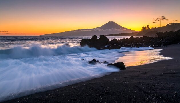 A dramatic sunset paints the sky over a volcanic beach, where waves crash against the dark sand and rocks.