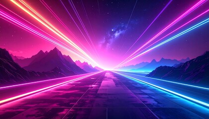 Futuristic highway with vibrant pink and blue neon light trails.