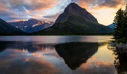 Sunset Reflections of the Mountains of Glacier above Swiftcurrent Lake, Many Glacier, Glacier National Park, Montana