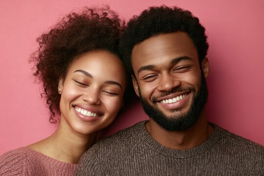 A joyful couple smiles brightly together against a pastel pink background indoors