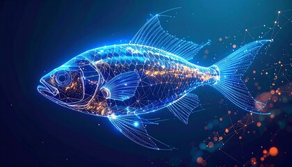 Glowing Blue Fish Skeleton Digital Art with Orange Particles.