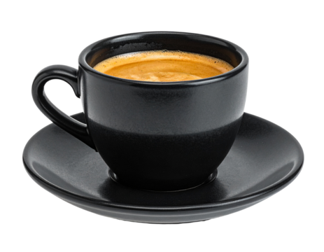 Black cup of coffee isolated on white or transparent background, png cut out