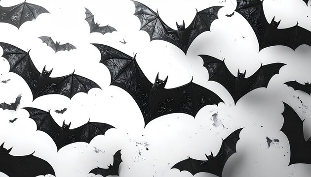 Eerie halloween background with multiple dark bats flying on a textured white surface spreading fear - Powered by Adobe