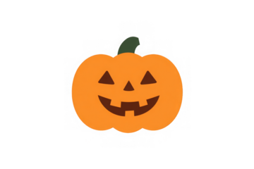 Classic Halloween jack-o-lantern pumpkin with carved triangular eyes and jagged smile vector illustration. Orange pumpkin with green stem for autumn holiday decorations and design. High resolution PNG