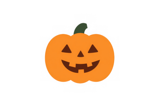 Classic Halloween jack-o-lantern pumpkin with carved triangular eyes and jagged smile vector illustration. Orange pumpkin with green stem for autumn holiday decorations and design. High resolution PNG