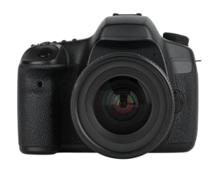  Black digital camera, front view. Lens is prominent
