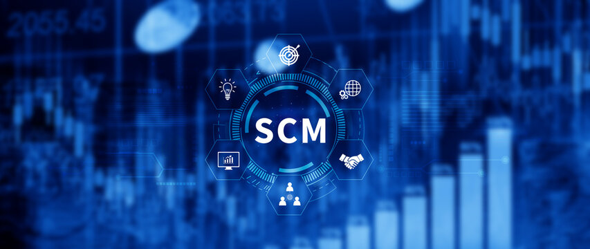 SCM concept, Supply Chain Management, Logistic and transport, Communication network. organizing and controlling resources to meet the needs of customers.