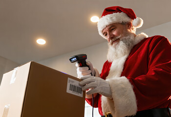 Santa Claus scans a barcode.