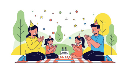 Family Celebration In A Park Setting With Birthday Cake Illustration