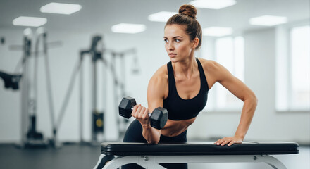 Fototapeta premium Woman with top knot hairstyle performing dumbbell exercise on bench in bright gym. Professional strength training workout content for sports facility advertising materials