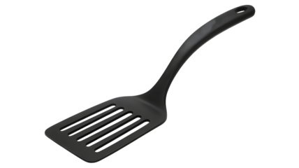 Black slotted turner spatula ready for flipping burgers and pancakes, essential kitchen utensil for cooking breakfast and grilling delicious food