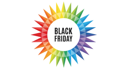 Black friday text inside a colorful sunburst pattern isolated on transparent background