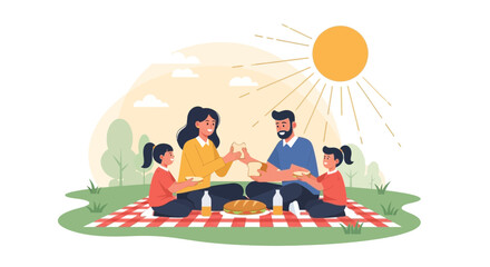 Family Enjoying Picnic Under Sun, Sharing Sandwiches On A Red And White Checked Blanket